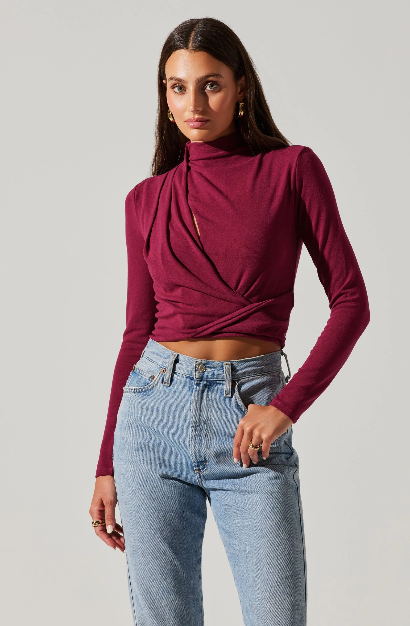 Asymmetrical Pleated Cutout Mock Neck Top - Image 4