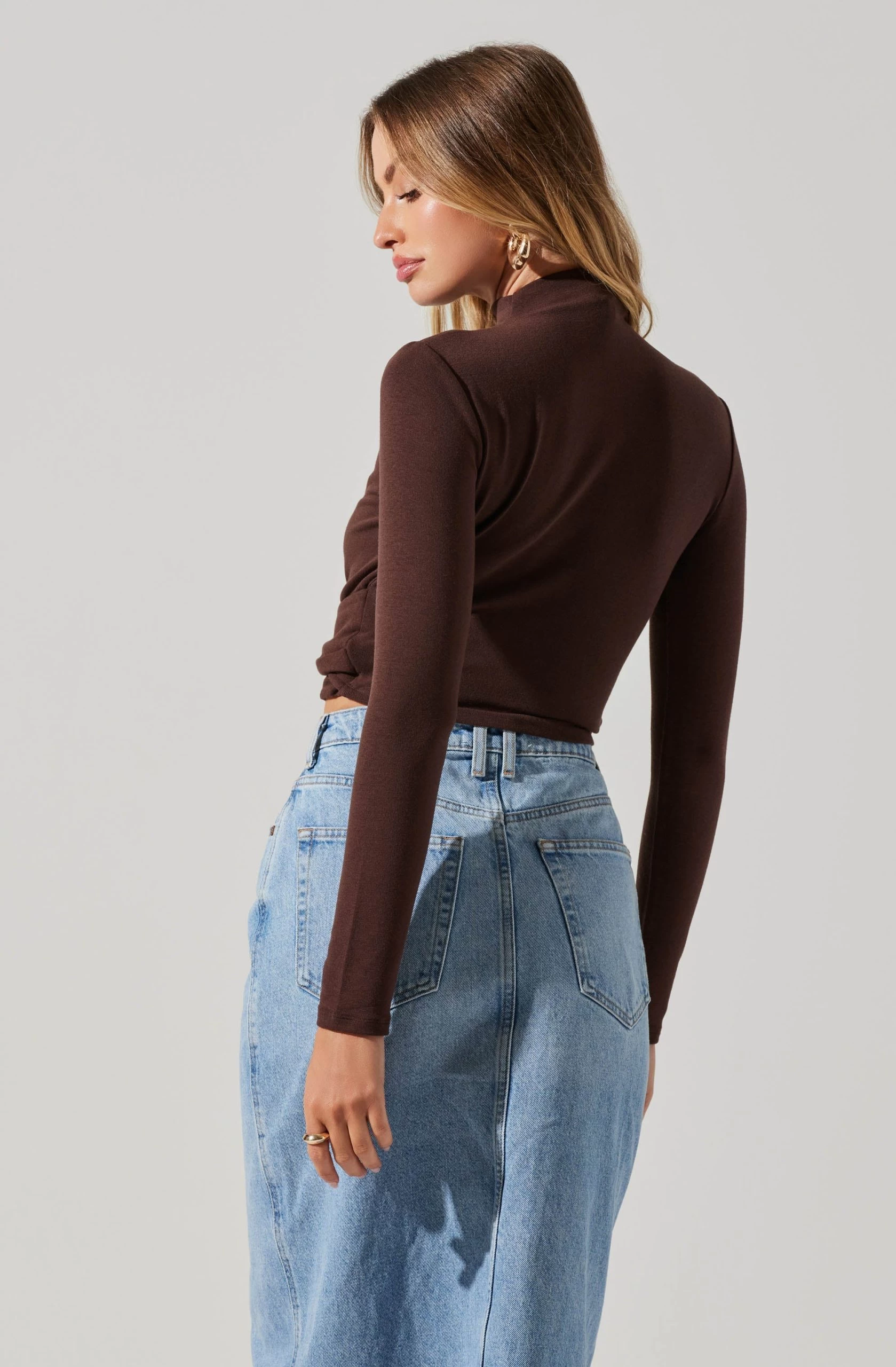 Asymmetrical Pleated Cutout Mock Neck Top - Image 12