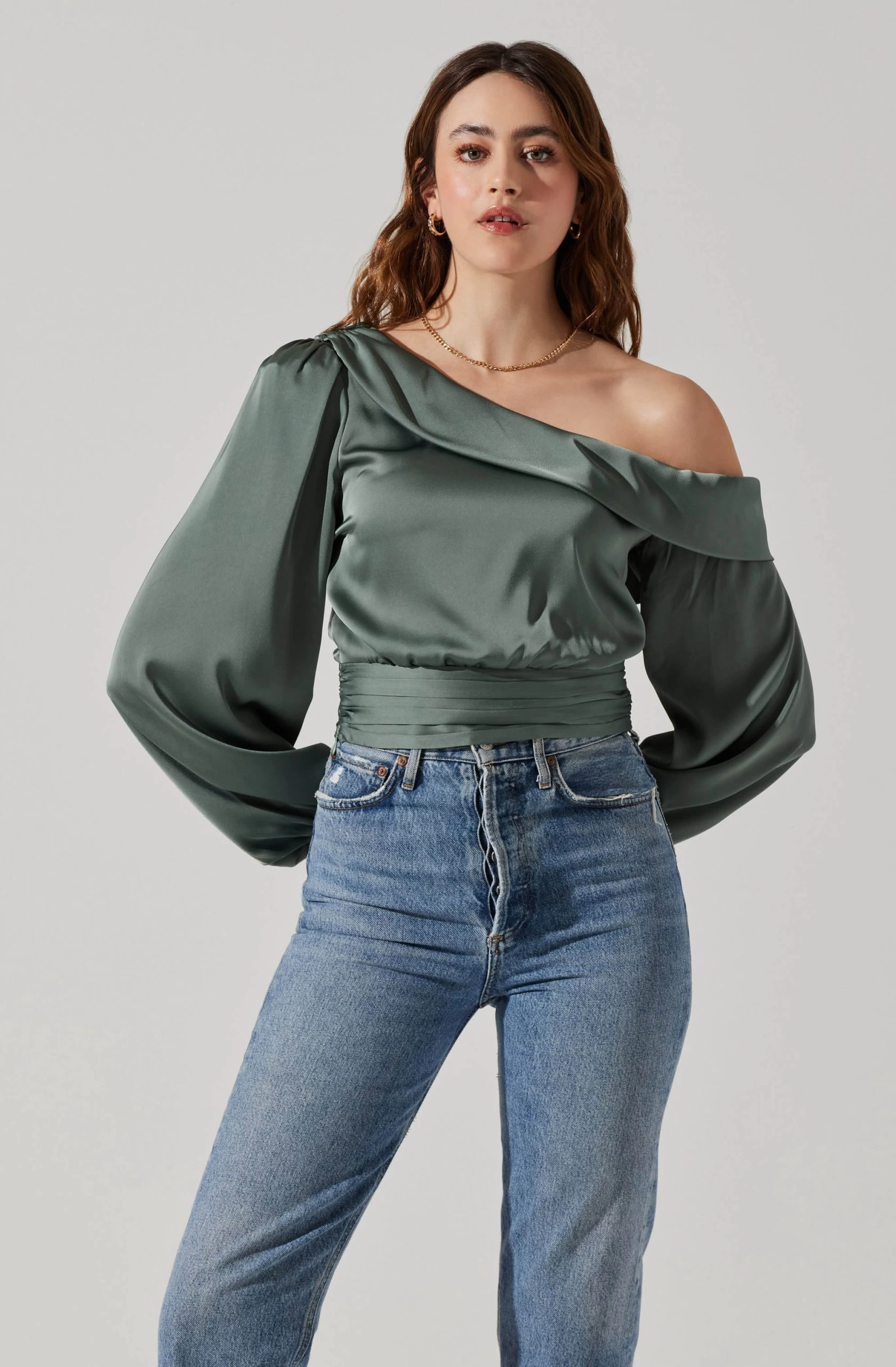 Asymmetrical Cinched Waist Long Sleeve Top - Image 15