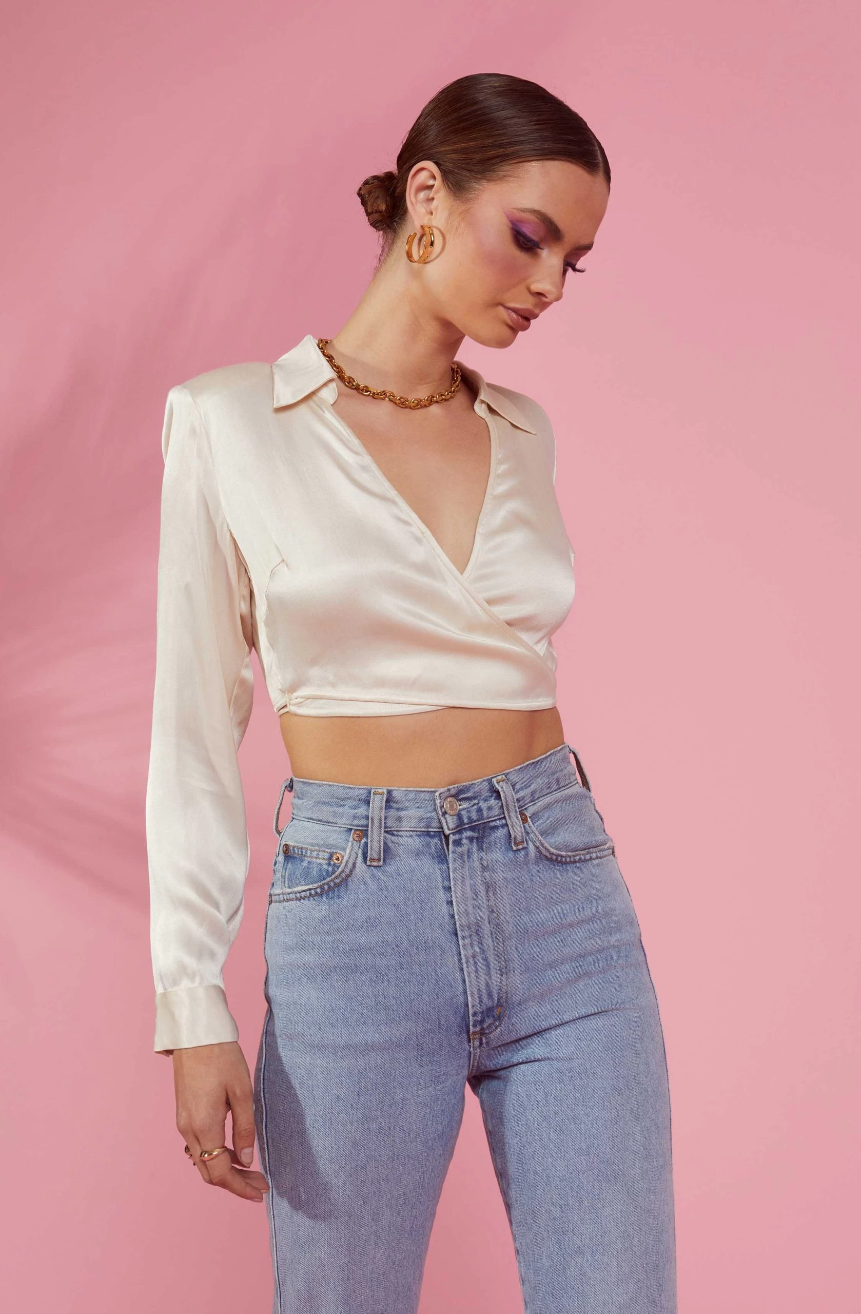 Delphi Satin Pointed Collar Wrapped Tie Waist Top - Image 6